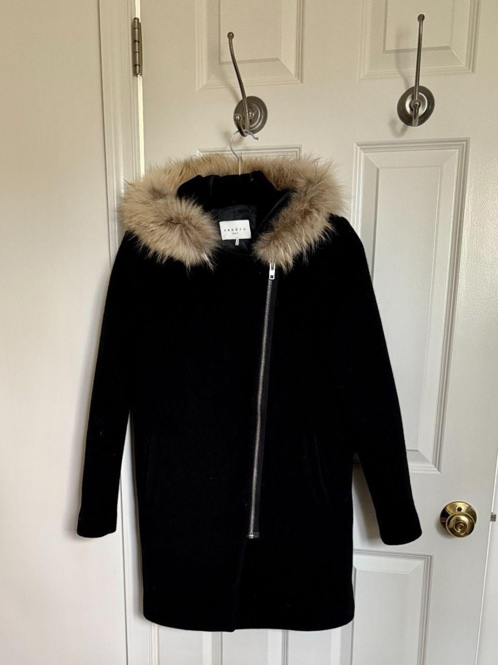 Sandro Wool Coat Fur Trim Hood